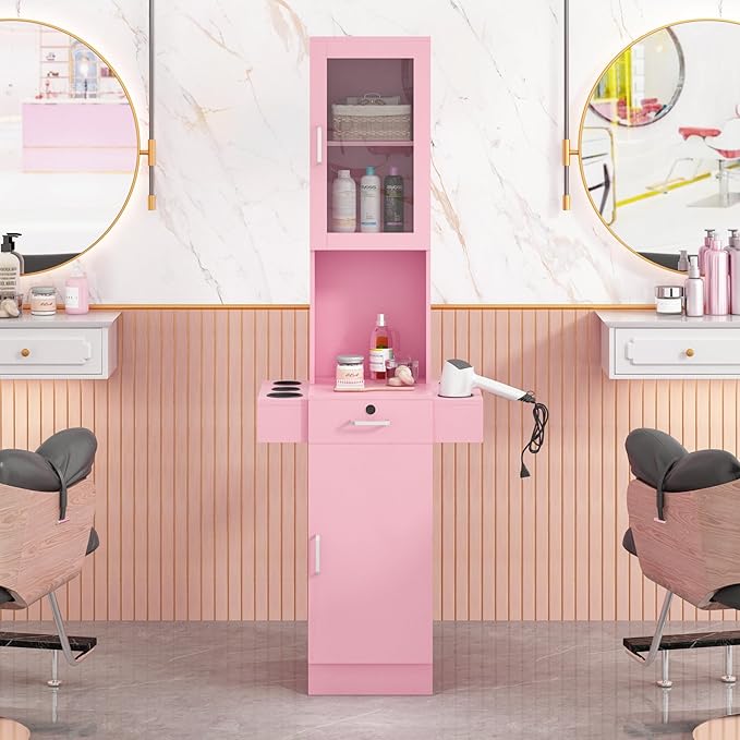 Salon Station for Hair Stylist,Hair Styling Storage Cabinet with Glass Door,Tool Dryer Holders, Salon Beauty Spa Barber Hair Staion, Pink