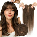 Real Human Hair Toppers for Women 3.54"*4.72" Silky Base 150% Density With Bangs Adjustable Parting Clip-In Topper Hairpieces for Women with Thinning Hair 10 Inches Natural Brown
