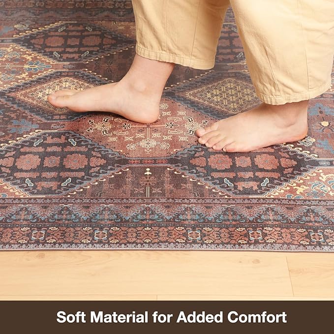 Floor Mat for Home 5×7ft, Easy Clean Plastic Rug-Like Pattern Area Mat for Living Room, Waterproof Vinyl Area Rug for Under Kitchen Table, No Slip Soft Vintage Rug for High Traffic Area (Brown)