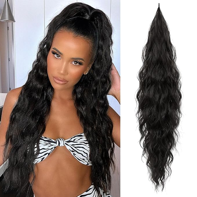 Flufymooz Ponytail Extension, Flexible Wrap Around Ponytail Extension Long Wavy Curly Ponytail Hair Extensions Natural pony tail Synthetic Hairpiece for Women 32 Inch (Black Brown)