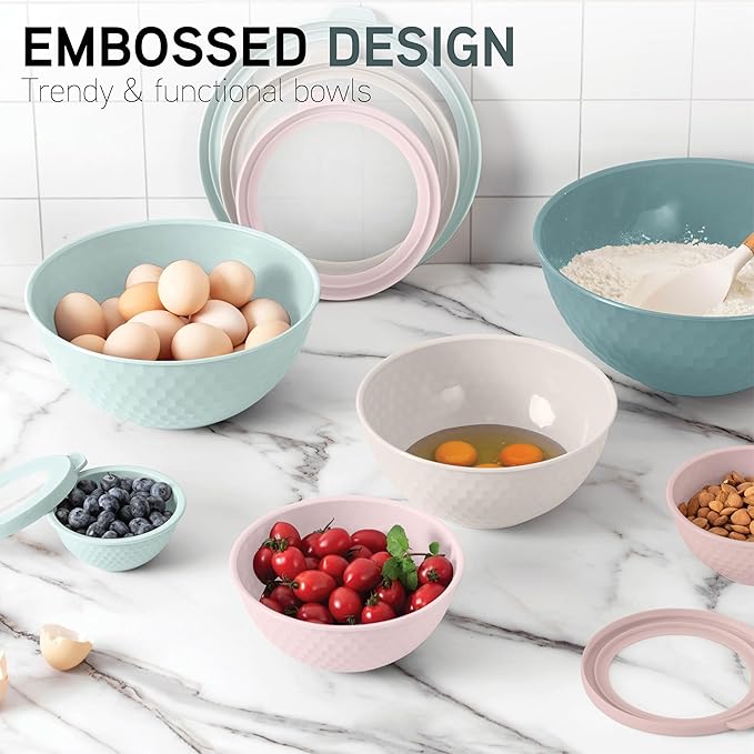 COOK WITH COLOR Mixing Bowls with Lids - 12 Piece Plastic Nesting Bowls Set includes 6 Prep Bowls and 6 Lids, Non Slip Bottom and Embossed Design - Microwave Safe (Teal)