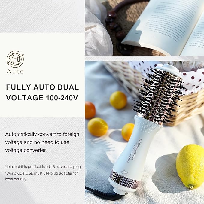 4-in-1 Travel Dual Voltage Hair Dryer Brush Blow Dryer Brush,Portable 2 inch Mini Hot Air Brush,Travel Hair Styler/Volumizer/Straightener/Curler,110-240V European Blow Dry Brush with EU&UK Plug
