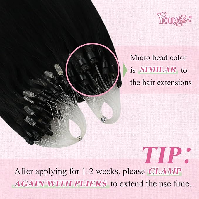 YoungSee Micro Link Hair Extensions Human Hair Black Microbead Hair Extensions Jet Black Micro Loop Hair Extension Human Hair 18 Inch 1g/s 50g Micro Hair Extension #1 for Everyday Wear