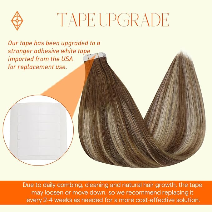 Full Shine Balayage Tape in Hair Extensions Human Hair 18 Inch 20Pcs 50G Double Sided Tape in Extensions Color 4/27/60/8 Medium Brown Ombre Blonde and Ash Brown Remy Hair Extensions Tape ins Seamless