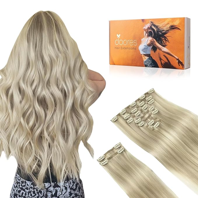 DOORES Clip in Human Hair Extensions - Ash Blonde Highlighted Platinum Blonde, 150g 9pcs 14 Inch Remy Straight Natural Thick Real Hair