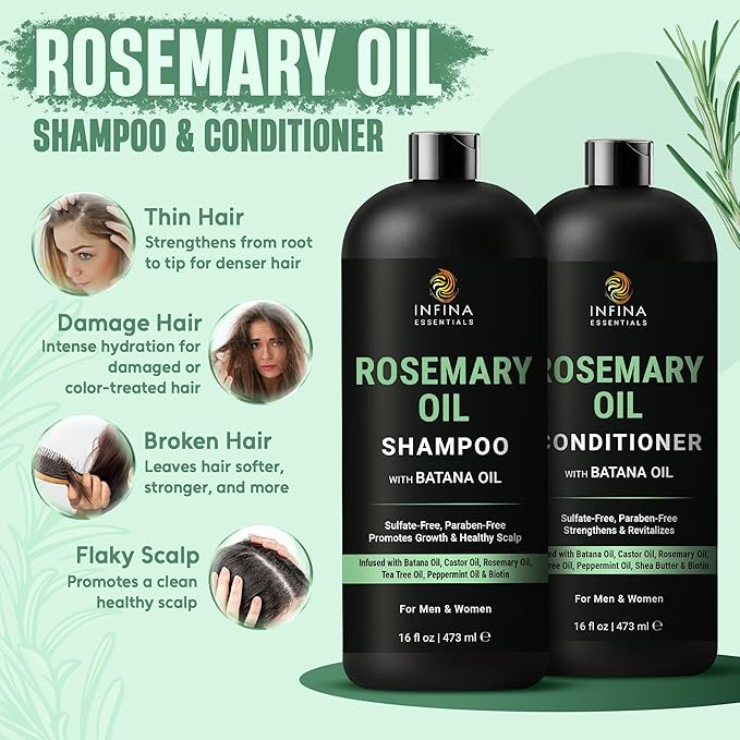 Rosemary Oil Shampoo and Conditioner Set | 16 fl oz Each | with Batana Oil | Sulfate-Free, Moisturizing & Nourishing Formula | Supports Thinning Hair for Men & Women