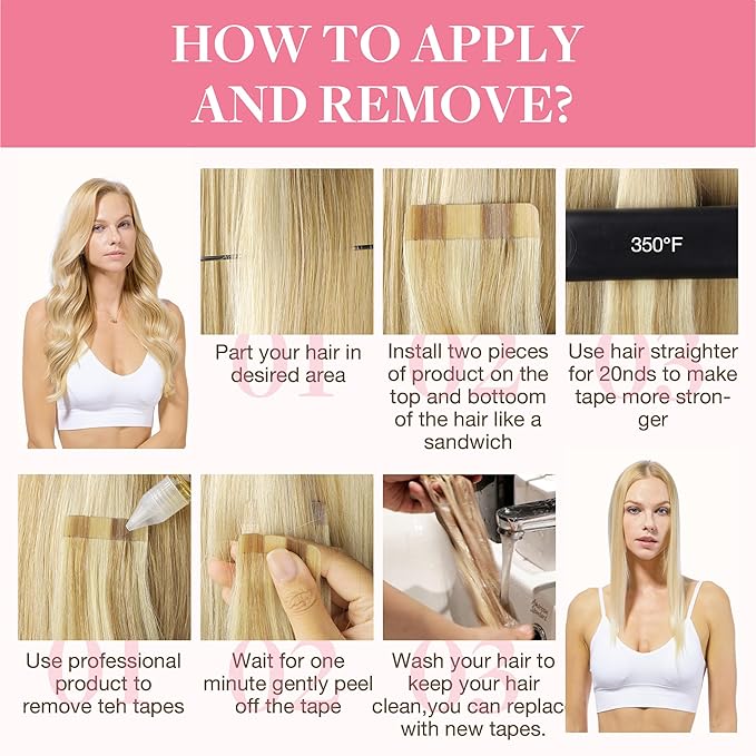 GOO GOO Tape in Hair Extensions Human Hair, 16/22 Light Blonde Highlighted Golden Blonde, 20inch 50g 20pcs, Thick Ends Straight Seamless, Invisible