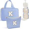 YOOLIFE Initial Toiletry Bag Travel Makeup Bag for Women - Hanging Toiletry Bag, Personalized Birthday Gifts for Women, Vacation Airplane Essentials - Letter K, Blue