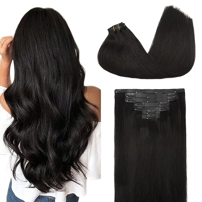 GOO GOO Clip in Hair Extensions Real Human Hair, Remy Human Hair Extensions Clip ins for Women, Natural Human Hair, 18inch 130g 7Pcs, 1B Natural black