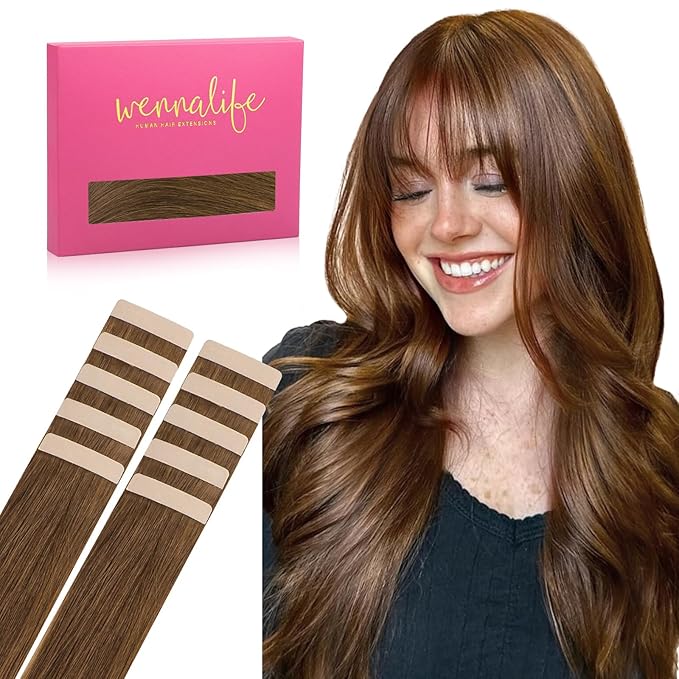 WENNALIFE Tape in Hair Extensions Human Hair Light Auburn Brown Tape in Extensions, 10pcs 25g 14 inch Remy Invisible Tape Ins Straight Colored Soft Real Human Hair Tape in Extensions Refill Set