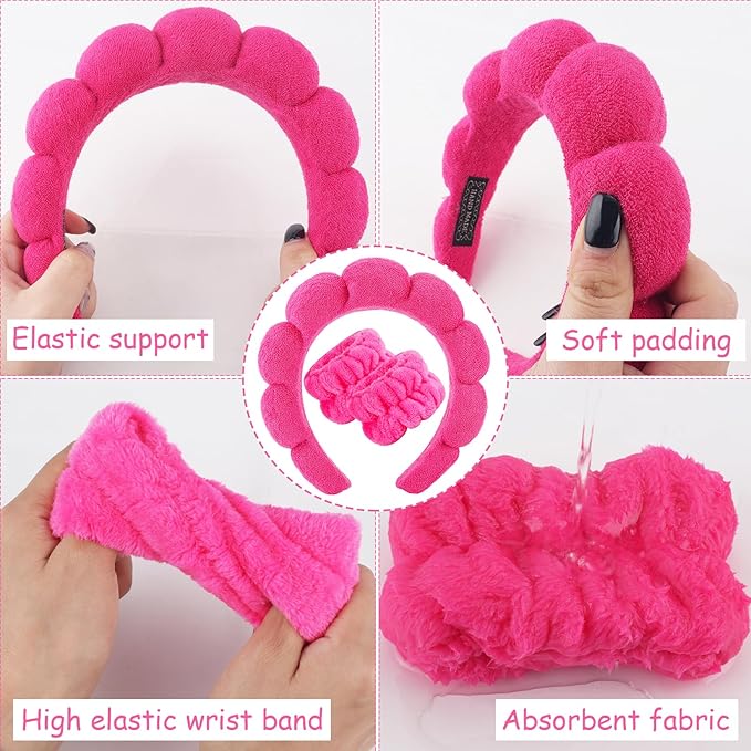 Zkptops Spa Headband for Women Sponge Makeup Skincare Headband Washing Face Wristband Set Terry Cloth Bubble Soft Get Ready Hairband Puffy Padded Headwear Non Slip Thick Hair Accessory(Hot Pink-2)