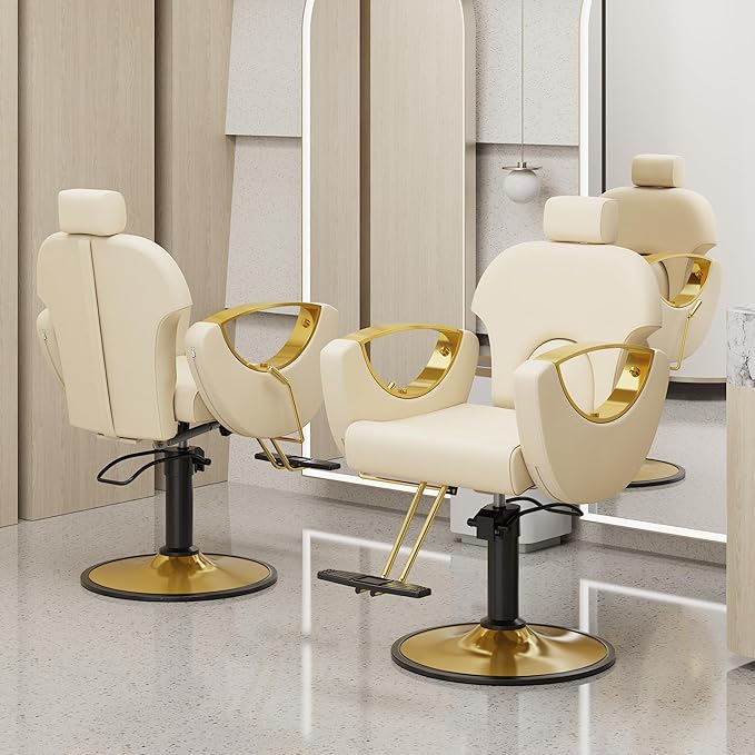 Barber Chair, Salon Chair for Hair Stylist, Height Adjustable Hydraulic Hair Reclining Salon Chairs, 360 Degrees Rotation, Multi-Function Shampoo Chair for Barbershop (Beige)