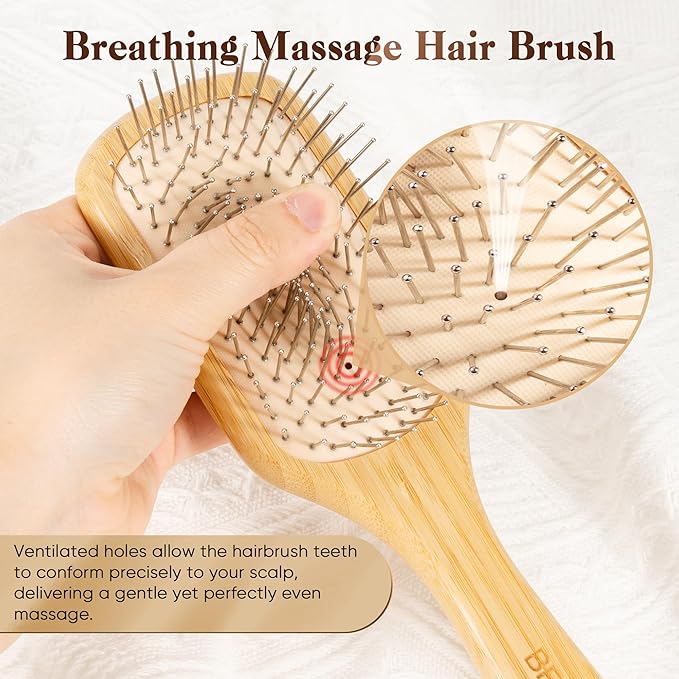 BFWood Bamboo Hair Brush with Steel Bristles, Help Hair Growth and Massaging Scalp
