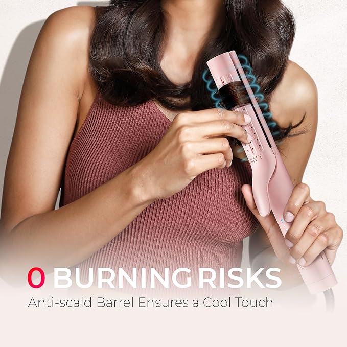 TYMO Airflow Curling Iron for Lasting Curls - Flat Iron Hair Straightener and Curler 2 in 1, Anti-Scald Ionic Curling Wand 1.25 Inch, 360° Cool Air, 5 Temps & Dual Voltage for Long Short Hair, Pink