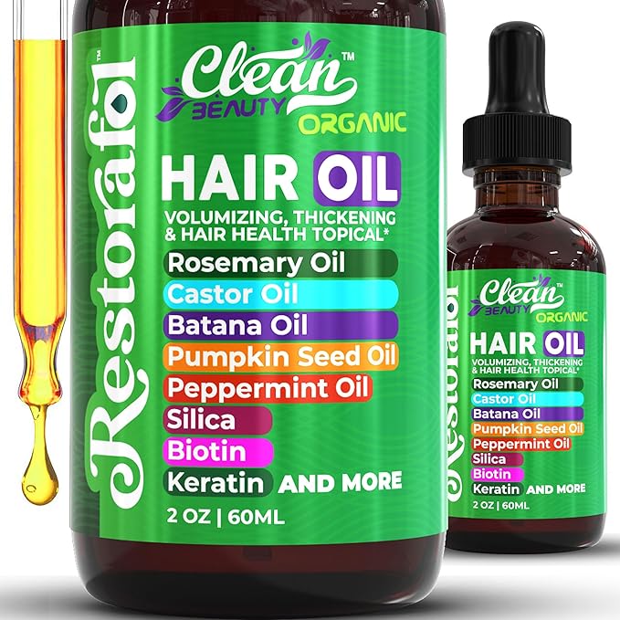 Clean Beauty Rosemary Hair Oil For Growth with Castor Oil Batana Oil Pumpkin Seed Oil Peppermint Oil Silica Biotin Collagen Keratin Saw Palmetto Horsetail Tea Tree Vit E Aloe Vera Jojoba (1 Pack)
