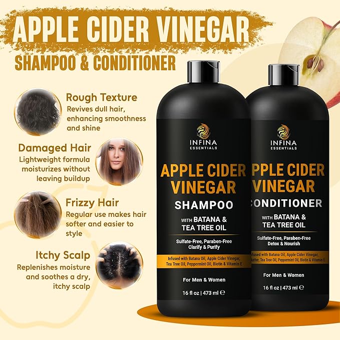 Apple Cider Vinegar Shampoo and Conditioner Set | 16 fl oz Each | with Batana Oil, Biotin & Tea Tree | Clarifying, Detoxifying & Moisturizing Formula | Promotes Hair Growth & Shine