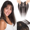 Hairro Human Hair Toppers with Wispy Bangs, 3D 360° Seamless Real Hair Toppers, Hand-Tied with 3.5"x4.7" T-shaped Base, Clip-In Hairpieces to Add Volume on Top, 11 Inch Natural Black