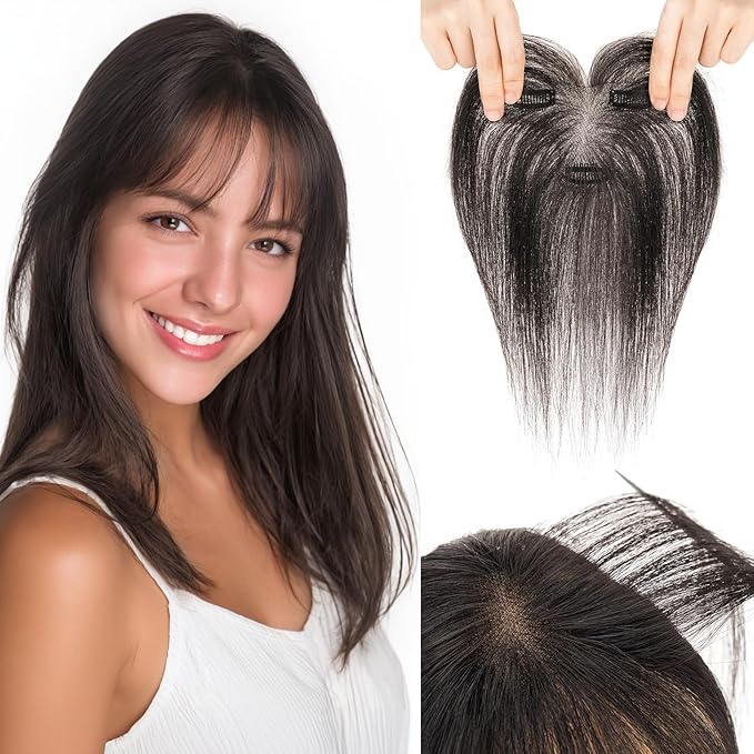 Hairro Human Hair Toppers with Wispy Bangs, 3D 360° Seamless Real Hair Toppers, Hand-Tied with 3.5"x4.7" T-shaped Base, Clip-In Hairpieces to Add Volume on Top, 11 Inch Natural Black