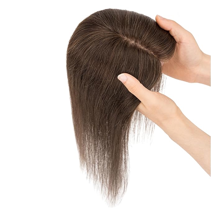 Hairro Human Hair Toppers Free Parted, 3.5x4.7" Base Hand-wovened 100% Real Hairpieces, with Invisible Clips-in for Women, for High Hairline/Adding Volume on Top, 16 Inch Dark Brown