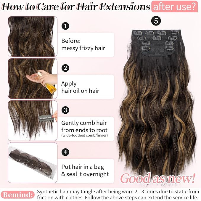 KooKaStyle Clip in Synthetic Hair Extensions Long Wavy 4PCS Black&Dark mix light brown Fiber Double Weft Natural Hair Extensions 20 Inch for Women