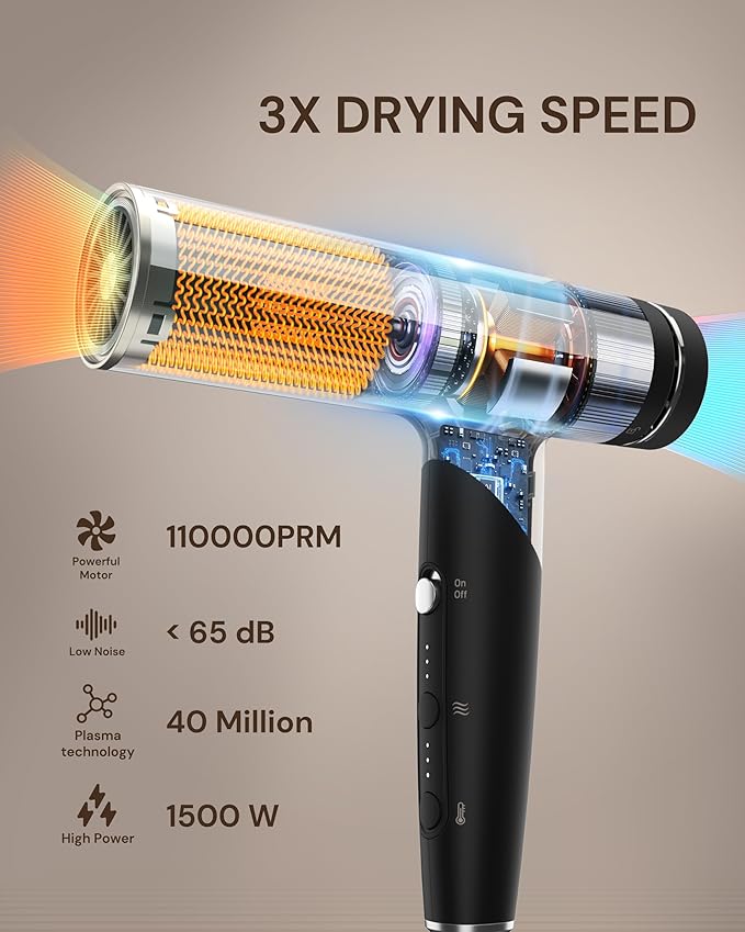 Plasma Ion Hair Dryer with Diffuser for Curly Hair, 110000 RPM Professional High Speed Blow Dryer with Plasma Ion, 1500W Foldable Travel Hairdryer with 6.5 Ft Cord Fast Drying for Women Men