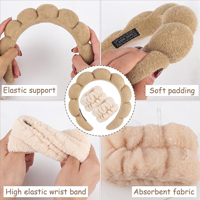 Zkptops Spa Headband for Washing Face Wristband Set Sponge Makeup Skincare Terry Cloth Bubble Soft Get Ready Hairband for Women Girl Puffy Padded Headwear Non Slip Thick Hair Accessory(Brown)