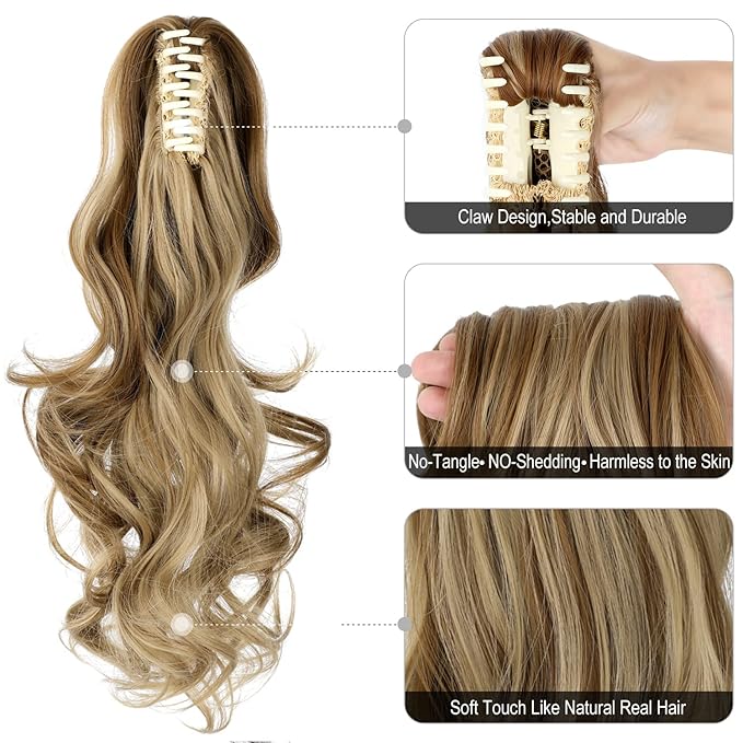 Claw Clip Ponytail Extension 18" Clip in Wavy Ponytail Hair Extensions Long Pony Tails for Women Extensions Ash Blonde Mix Ginger Brown Wave Hairpiece