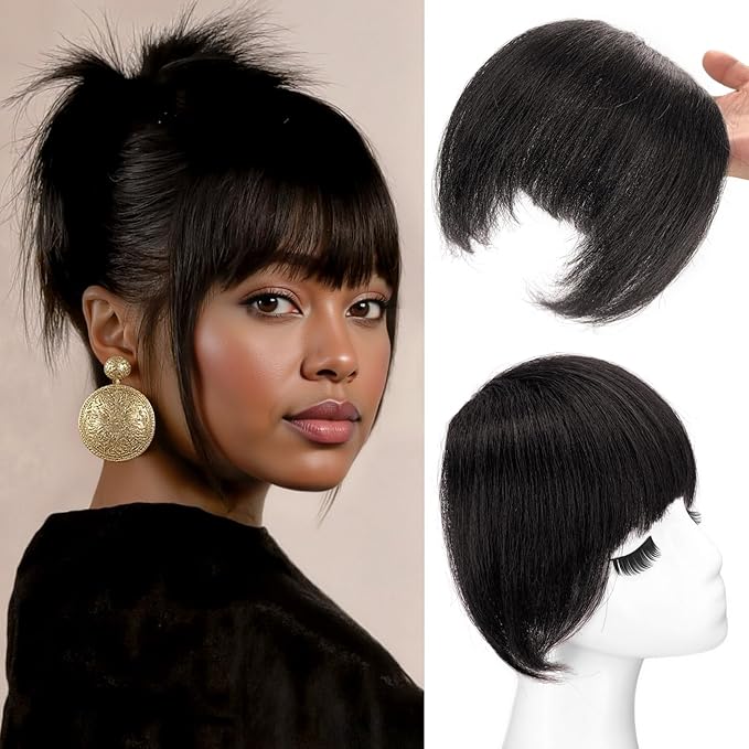 Yaki Straight Bangs Hair Extensions for Women Brown Black Synthetic Fringe with Temples Handmade Kinky Straight Bangs Hairpiece with 3 Clips in(2#)