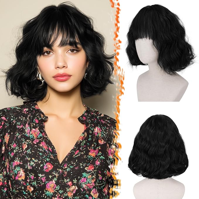 BARSDAR Short Wavy Black Wig with Bangs - Short Black Wavy Wigs for Women - Soft Synthetic Textured Curly Chic French Bob Wig with Face-Framing Bangs Natural Looking Daily Party Halloween