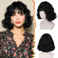BARSDAR Short Wavy Black Wig with Bangs - Short Black Wavy Wigs for Women - Soft Synthetic Textured Curly Chic French Bob Wig with Face-Framing Bangs Natural Looking Daily Party Halloween