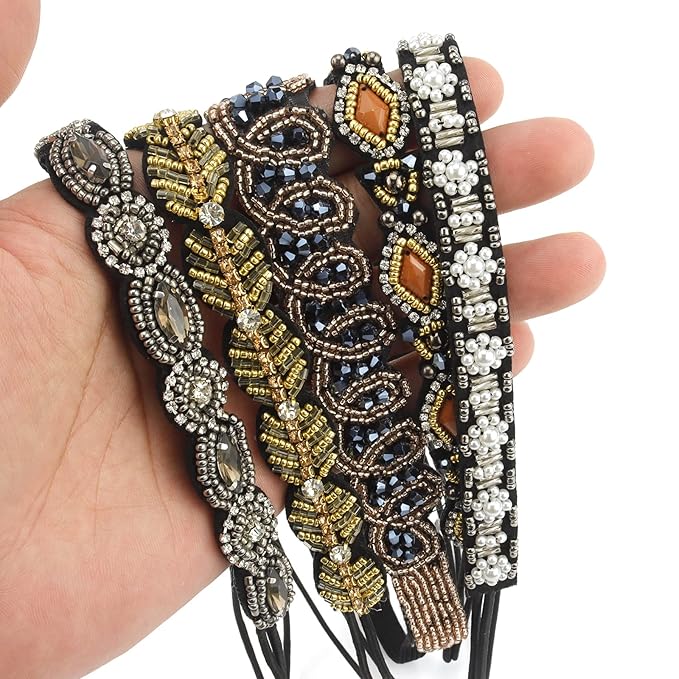 AMCAMI 5-Piece Rhinestone Beaded Hairband Set for Women - Fancy Elastic Headbands with Jeweled Crystal Beads - Handmade Hair Accessories for Women, Girls, and Ladies