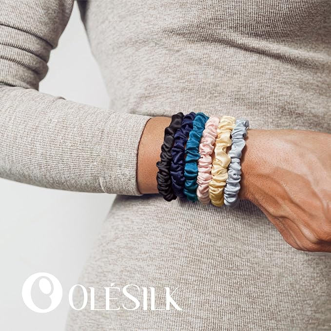 OLESILK Silk Hair Ties for Women: 100% Mulberry Skinny Silk Scrunchies, Soft Smooth No Damage No Crease for Thin Fine Curly Hair 5 Pack, Light