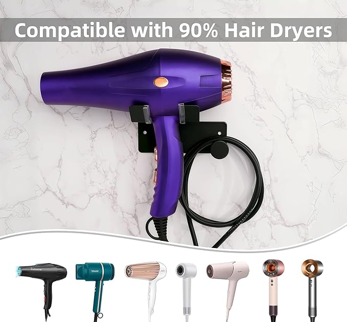 Hair Dryer Holder, Dyson Hair Dryer Holder, Blow Dryer Holder with Cord Hook SUS304 Stainless Steel Wall Mount, Self Adhesive/Screw Space Saving Hairdryer Holder for Bathroom Black Ptalseaw