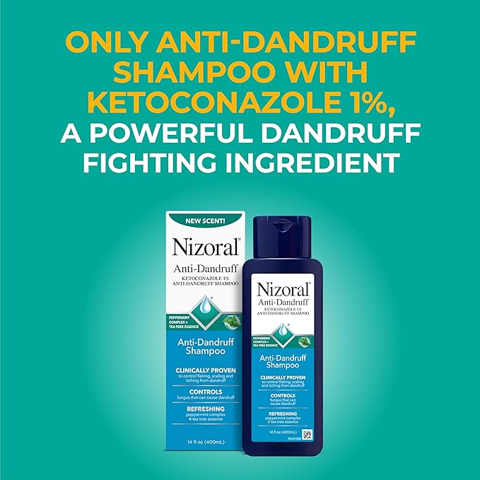 Nizoral Anti-Dandruff Shampoo with 1% Ketoconazole, 14 Fl Oz, Peppermint and Tea Tree Scent, Anti Fungal Shampoo, For All Hair Types