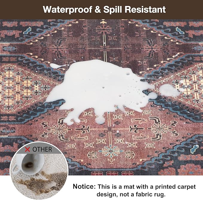 Floor Mat for Home 5×7ft, Easy Clean Plastic Rug-Like Pattern Area Mat for Living Room, Waterproof Vinyl Area Rug for Under Kitchen Table, No Slip Soft Vintage Rug for High Traffic Area (Brown)