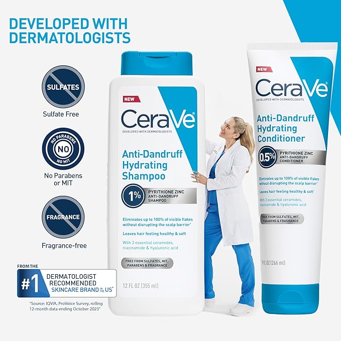 CeraVe Hydrating Anti Dandruff Shampoo, 1% Pyrithione Zinc Dandruff Treatment With Ceramides, Niacinamide & Hyaluronic Acid, Helps Eliminate Flakes & Provides Itchy Scalp Relief, Sulfate Free, 12 Oz