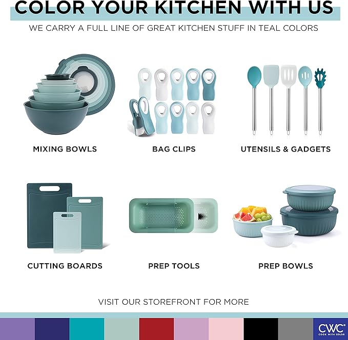 COOK WITH COLOR Mixing Bowls with TPR Lids - 12 Piece Plastic Nesting Bowls Set includes 6 Prep Bowls and 6 Lids, Microwave Safe Mixing Bowl Set (Teal)