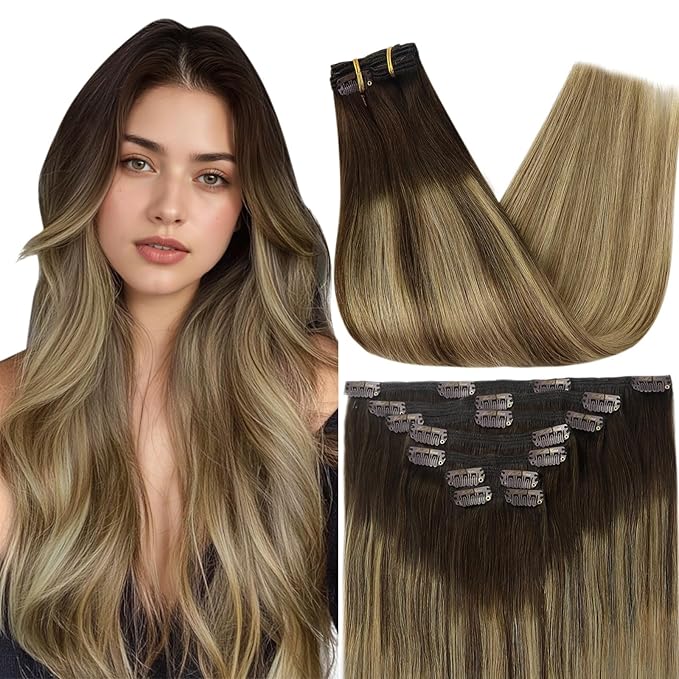 Full Shine Balayage Clip in Hair Extensions 14 Inch Dark Brown Ombre Ash Brown And Dirty Blonde Seamless Clip in Hair Extensions Human Hair 7 Pcs Remy Hair Clip ins Extensions 120 G