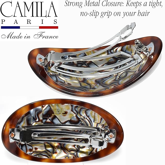 Camila Paris CP3644 French Hair Barrette Clip Oval Brown and Onyx, Strong Hold Grip Hair Clips for Women, No Slip Rubberized Metal Closure, Durable Styling Girls Hair Accessories, Made in France