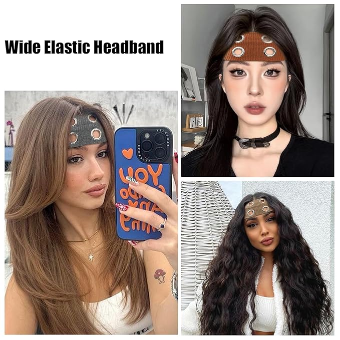 papasgix Grommet Headband for Women, Y2K Elastic Headband Wide Black Hair Band with Holes Metal Rock Style 2000s Hair Accessories (1, Camel)