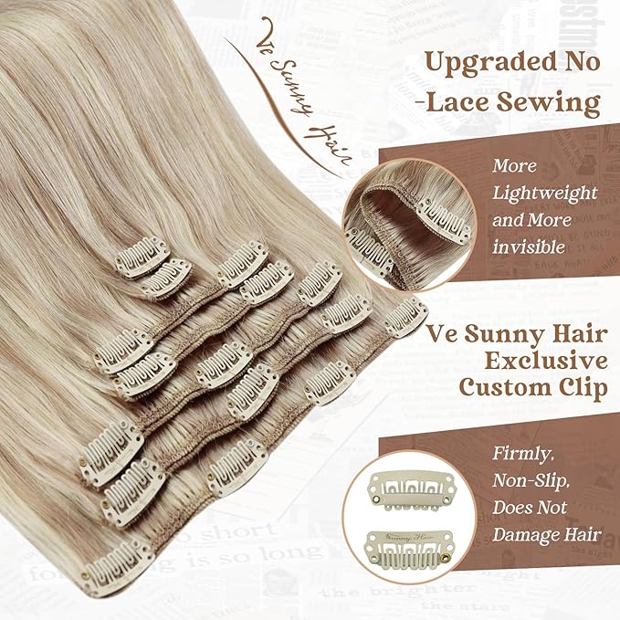 Ve Sunny Real Hair Extensions Clip in Human Hair Full Head Remy Blonde Hair Extensions Clip in Highlight Extension for Women Warm Color 7pcs 120g 18inch