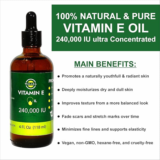 Vitamin E Oil 100% Pure 240,000 IU (4oz) | Natural, Non-GMO, for Skin, Hair, Premium Vitamin E Oil is 100% Pure & Natural