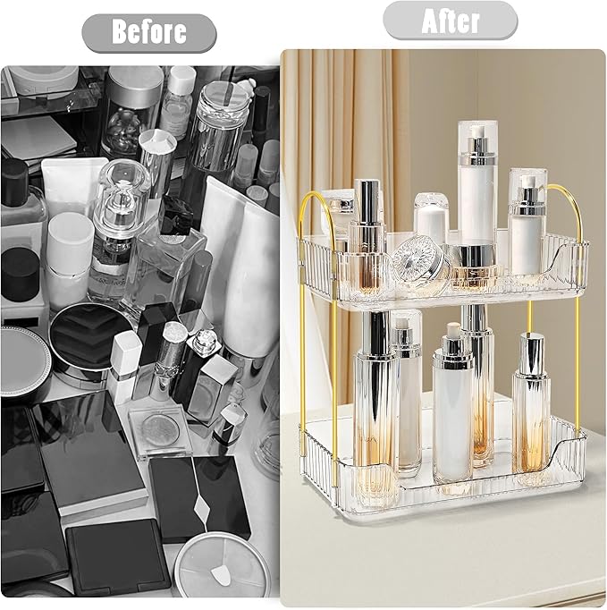 Bathroom Counter Organizer Countertop Storage Skincare Countertop Makeup Organizer Cosmetics Skincare Organizers Holder for Perfume-Clear-golden pole