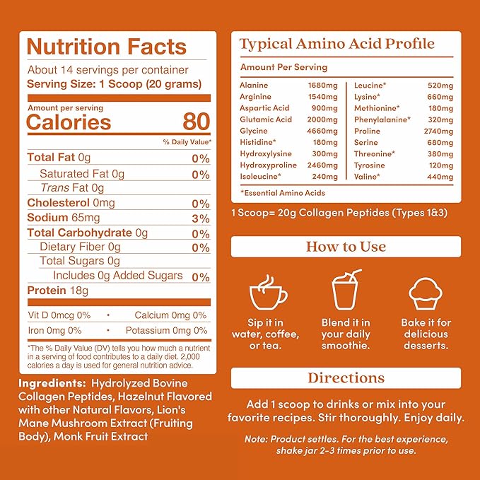 Further Food Hazelnut Collagen Peptides Powder with Lion’s Mane Mushroom, Grass-Fed Hydrolyzed Type 1 & 3 Protein, Gut Health + Joint, Hair, Skin, Nails, Paleo Keto Sugar-Free 9.88 oz