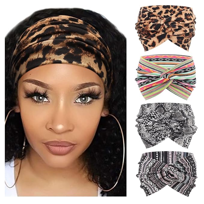 DRESHOW 4 Pack Turban Headbands for Women Wide Vintage Head Wraps Knotted Cute Hair Band Accessories