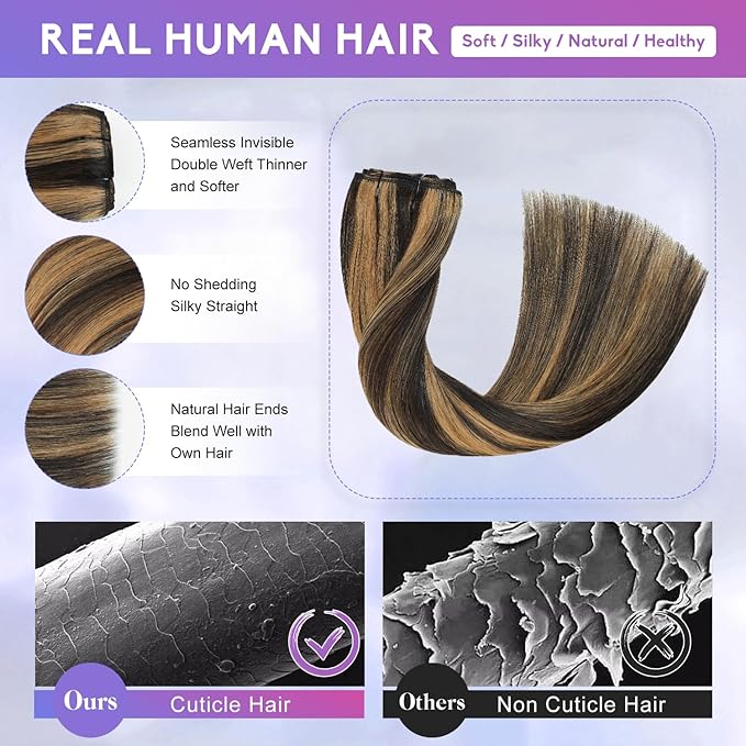 Clip in Hair Extensions Real Human Hair, 16Inch 90g, 2/6 Dark Brown to Chestnut Brown, Invisible Seamless Remy Human Hair Clip in Extensions for Women 8pcs Per Set with Double Weft