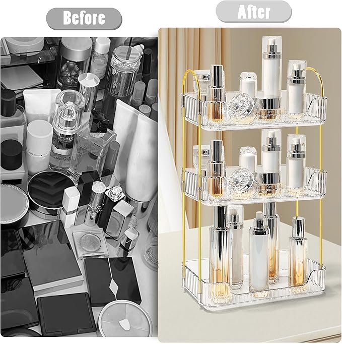 Bathroom Counter Organizer Countertop Storage Skincare Countertop Makeup Organizer Cosmetics Skincare Organizers Holder for Perfume-Clear-Golden Pole-3 Tier