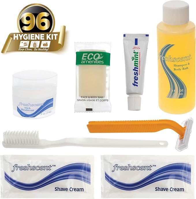 Moda West 96 Kits - Bulk Case of Wholesale Basic Toiletry Bathroom Kits for Men, Women, Travel & Charity, Shampoo, Toothpaste, Deodorant & More, Perfect for Homeless Shelters & Airbnb Donation