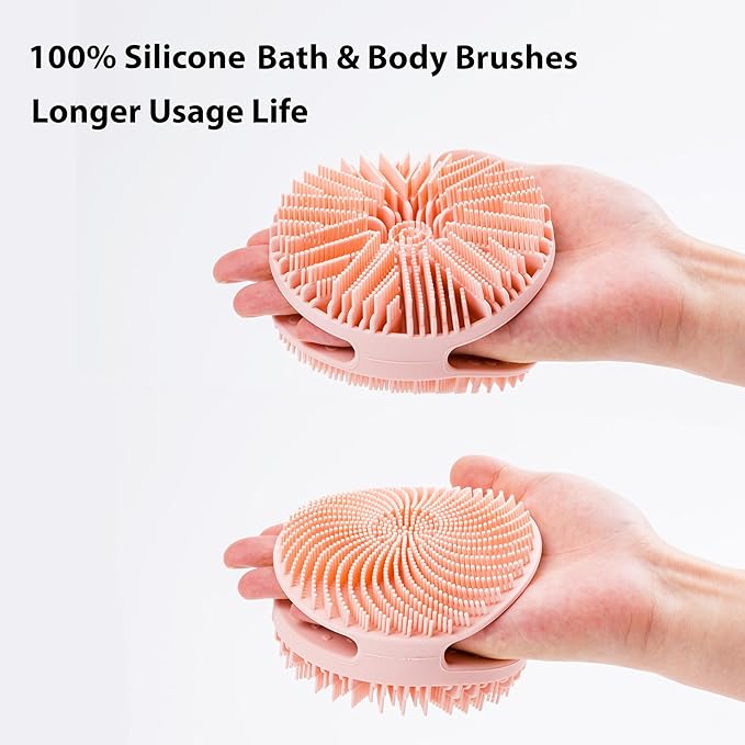 2 PC Silicone Exfoliating Body Scrubber, Silicone Body Shampoo Brush, Soft Silicone Loofah for Sensitive Skin, Shower Silicone Hair Scalp Massager, Easy to Clean, Lather Well(Pink&Black)