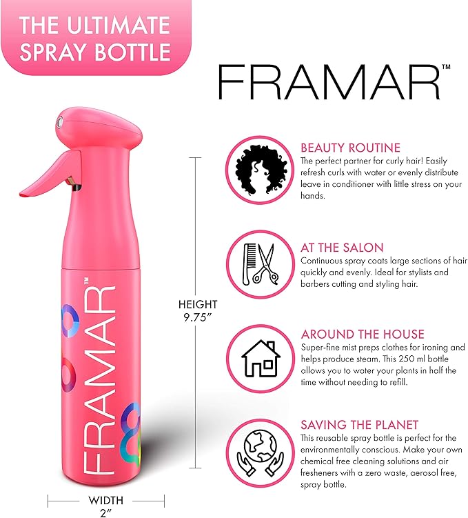 FRAMAR Premium Hair Mister Spray Bottle – Continuous Spray Bottle For Hair, Water Sprayer, Continuous Mister for Salon Supplies – Ultra Fine Mist – Pink 250 ml